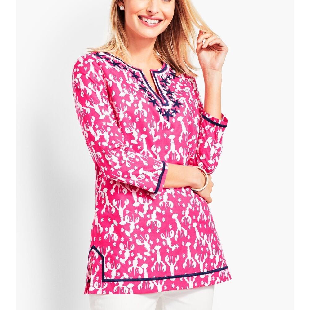 Talbots Pink Lobster Rockstar Tunic Womens Medium Embroidered Starfish Coverup